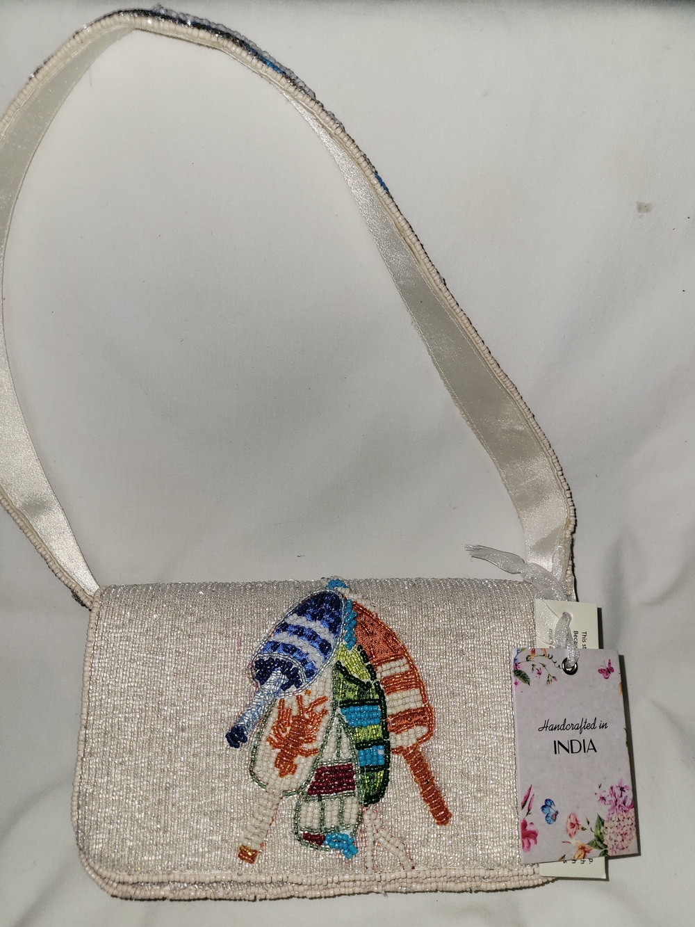 Handcrated In India Beaded White Shoulder Bag with Multicolor Lobster Embroidery